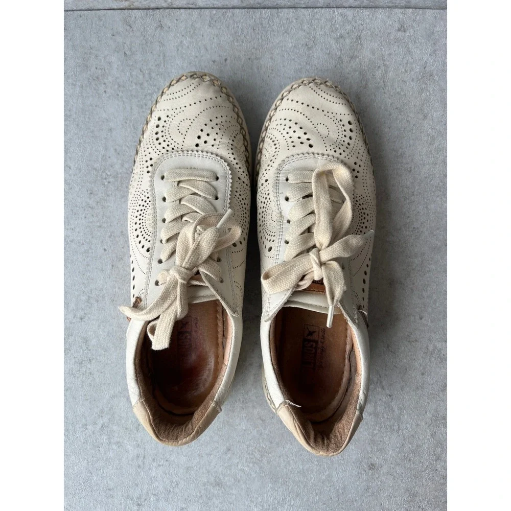 Pikolinos Mesina Leather Lace Up Sneakers Cream Floral‎ Cut Out Spring Womens 39